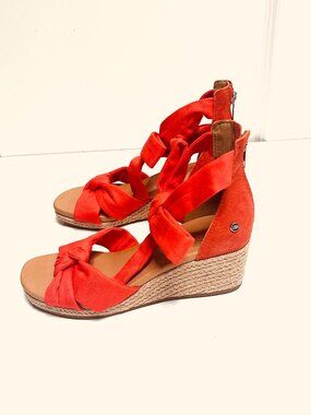UGG Yarrow Suede Red Spadrille Wedge Sandals Ankle Tie Wrap Shoes Size US 6